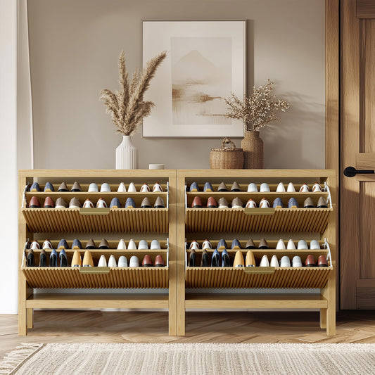 Vudanfe Modern 2-Tier Flip Drawer Shoe Cabinet, Freestanding Hidden Slim Narrow Shoe Rack Cabinet, Wooden Large Capacity Shoe Storage Cabinet Shoe Organizer, for Entryway, Hallway, Natural X2