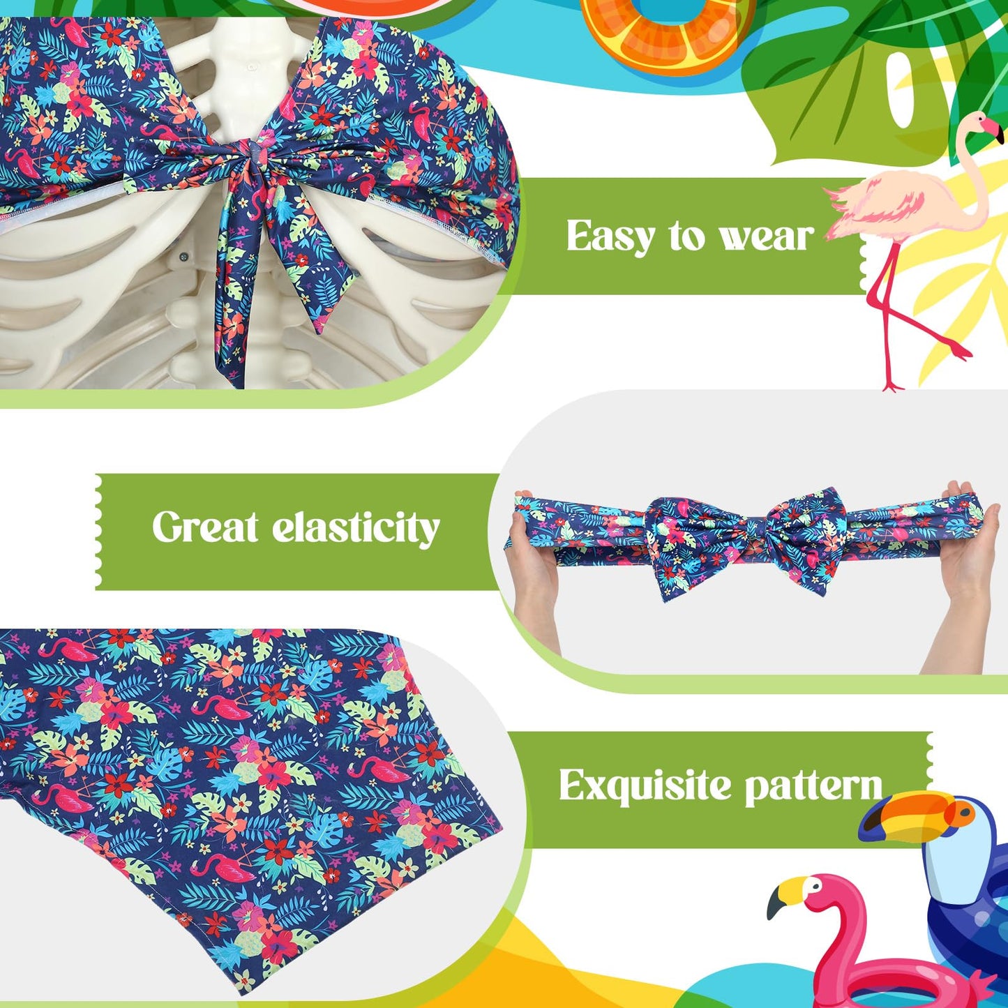 3 Pcs Hawaii 12 ft Giant Skeleton Costume Accessories Set Sexy Bikini Swimsuit and Bow Hairband Palm Leaves and Flamingo Skeleton Costumes for Summer Luau Party Garden Lawn Outdoor Decor