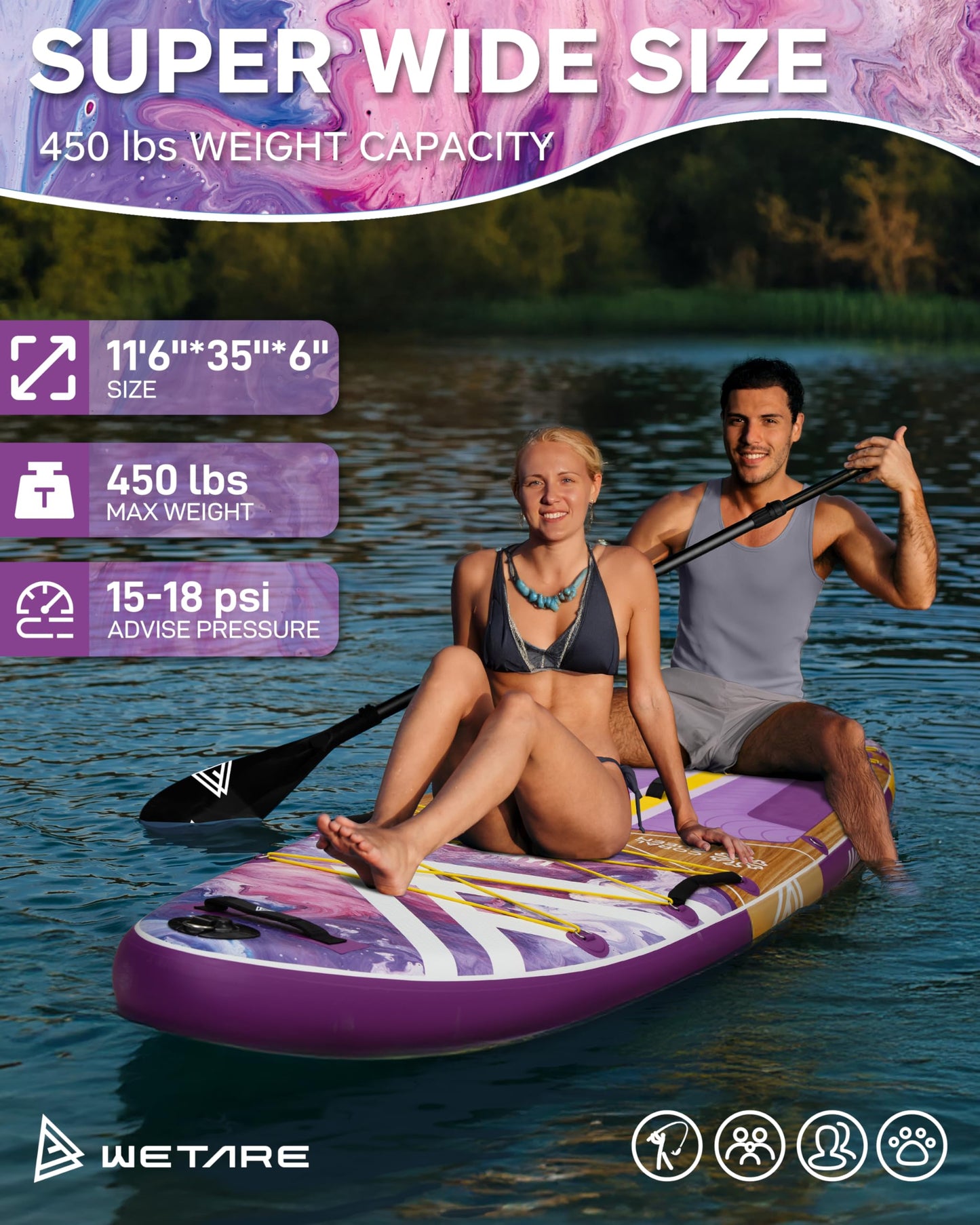 WETARE 11'6"x35" Inflatable Paddle Board, 450lbs Extra Wide Stand Up Sup Board for Adults, Blow Up Paddleboard Kayak Non-Slip Stable Deck Boat for Yoga Fishing Surf