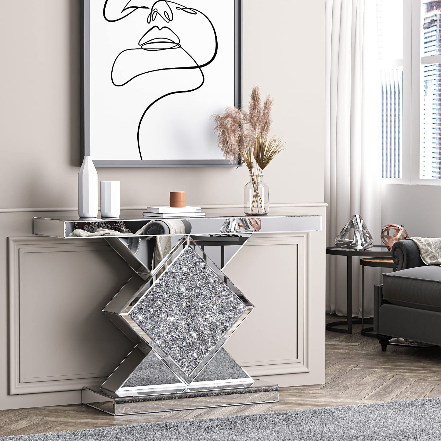 47.2'' Silver Console Table, Modern Entryway Tables with Diamond Shaped Mirror Finished, Glam Long Accent Narrow Table, Glass Sofa Table Foyer Table for Living Room Hallway Entrance