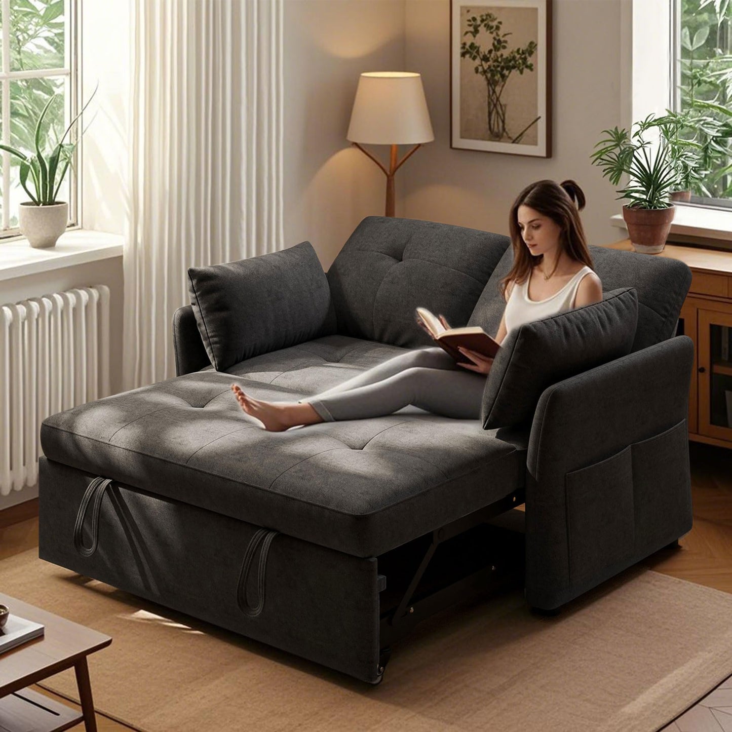 3 in 1 Convertible Sleeper Sofa Bed Tool-Free Assembly, Adjustable Backrest Velvet Pull Out Couch, Small Loveseat Sectional Sofa Bed with Side Pocket, Futon Couches for Living Room, Bedroom, Black