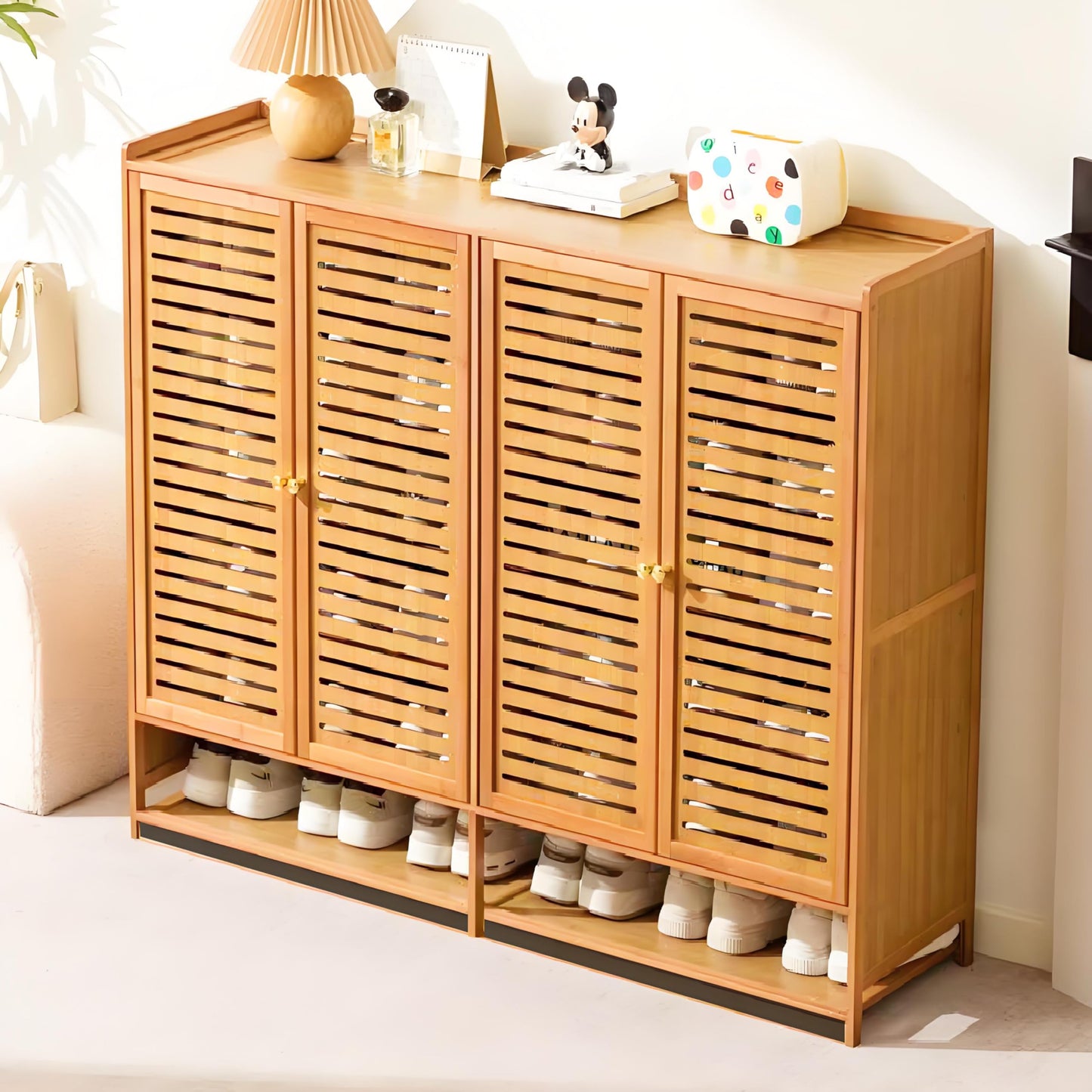 WMIASIN 7-Tier Shoe Rack Cabinet, Bamboo Shoe Cabinet with Doors, 36-40 Pairs Freestanding Shoes Cabinet Organizer，Large Shoe Cabinet for Entryway, Hallway, Living Room