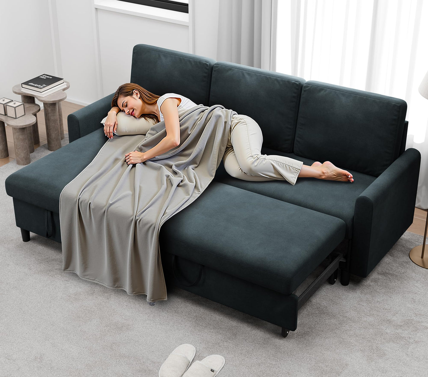 Walsunny Sectional Sofa Couch Bed L Shaped Sleeper Sofa Bed Pull Out Bed with Storage, Reversible Sectional Couches for Living Room, Apartment, Office(Dark Gray)