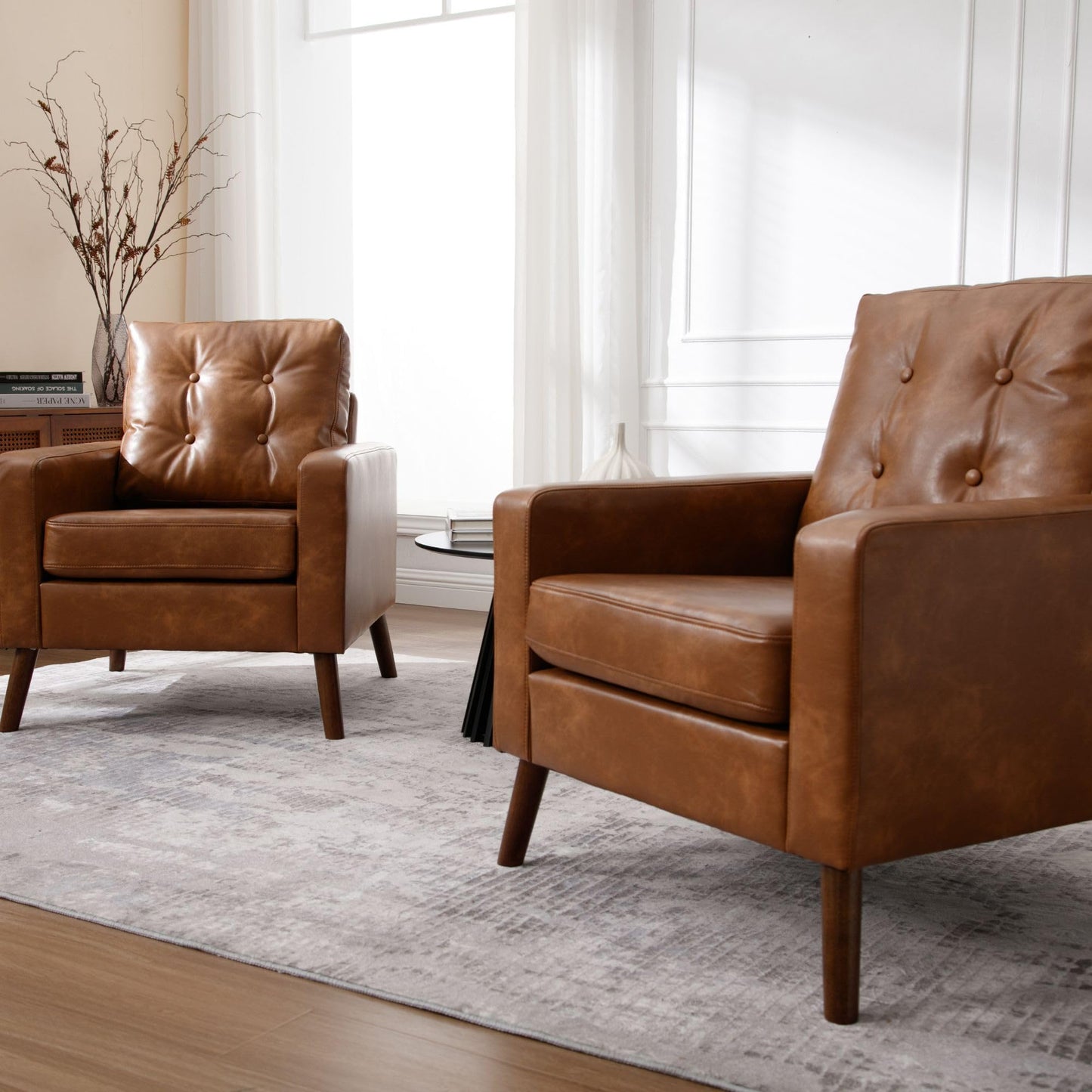 Wahson Accent Chairs Set of 2, Faux Leather Tufted Single Sofa, Brown Oversized Club Chair, Mid Century Modern Armchair with Wood Legs for Reading/Living Room/Bedroom