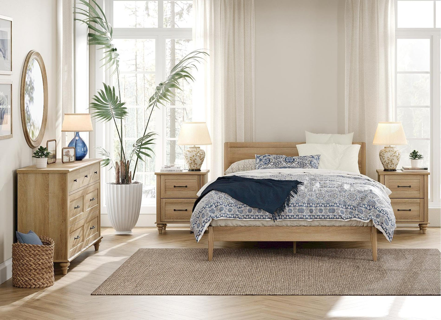 WAMPAT 3 Piece Bedroom Set - Includes 7 Drawer Dresser for Bedroom, Set of 2 Night Stands with Charging Station & Drawers, 3 Piece Dresser and Nightstand Sets, Oak