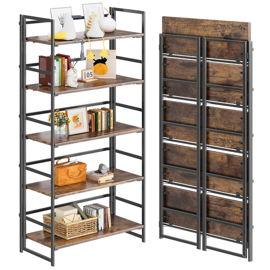 4NM No Assembly 5 Tiers Book Shelves, Black Folding Bookshelf Bookcase Open Industrial Foldable Shelves for Bedroom, Living Room, Home Office - Rustic Brown Black