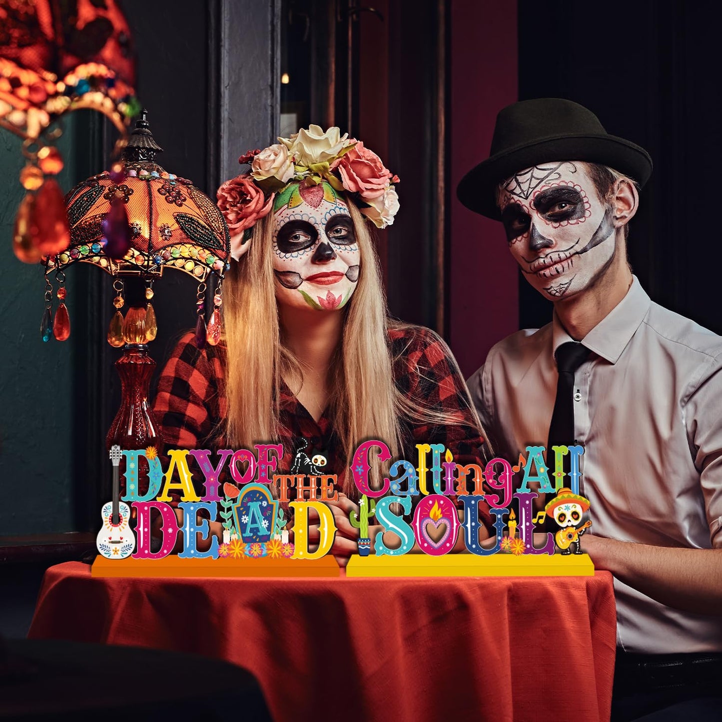 4Pcs Dia De Los Muertos Decorations Wooden Table Centerpieces Day of The Dead Decorations Mexican Table Decor Dia De Los Muertos Table Topper Sign for Halloween Mexican Carnival Party Decor