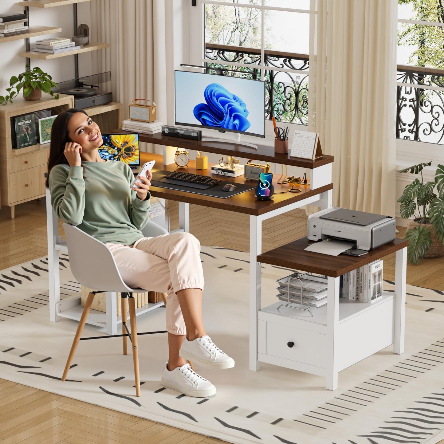61.2 '' Computer Desk with Drawer & Power Outlets, Farmhouse Ergonomic Office Desks with Long Monitor Stand,Wood Computer Table with Printer Space, Home Office Desk with LED Strip for Work,White