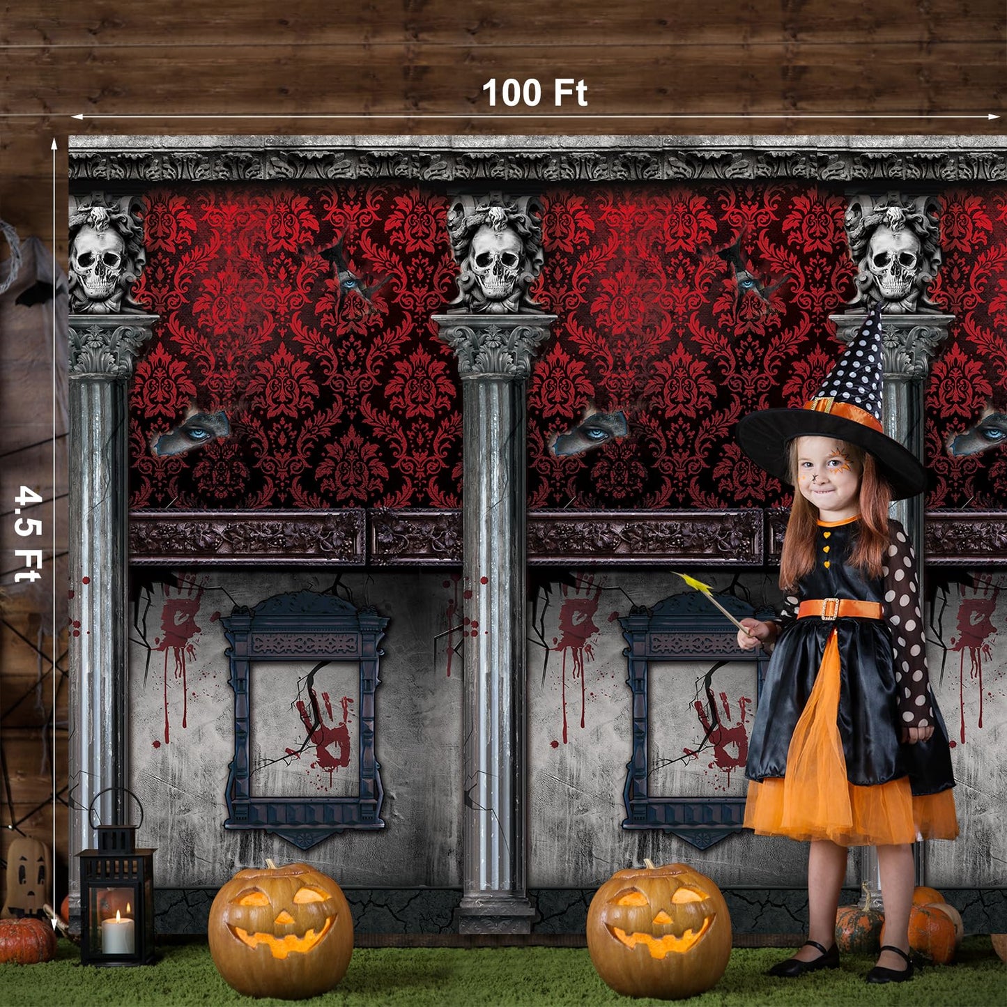 100Ft Gothic Mansion Backdrop Roll for Halloween Haunted House Party Decoration, Room Scene Setter With Cutter Box, Photography Wallpapers