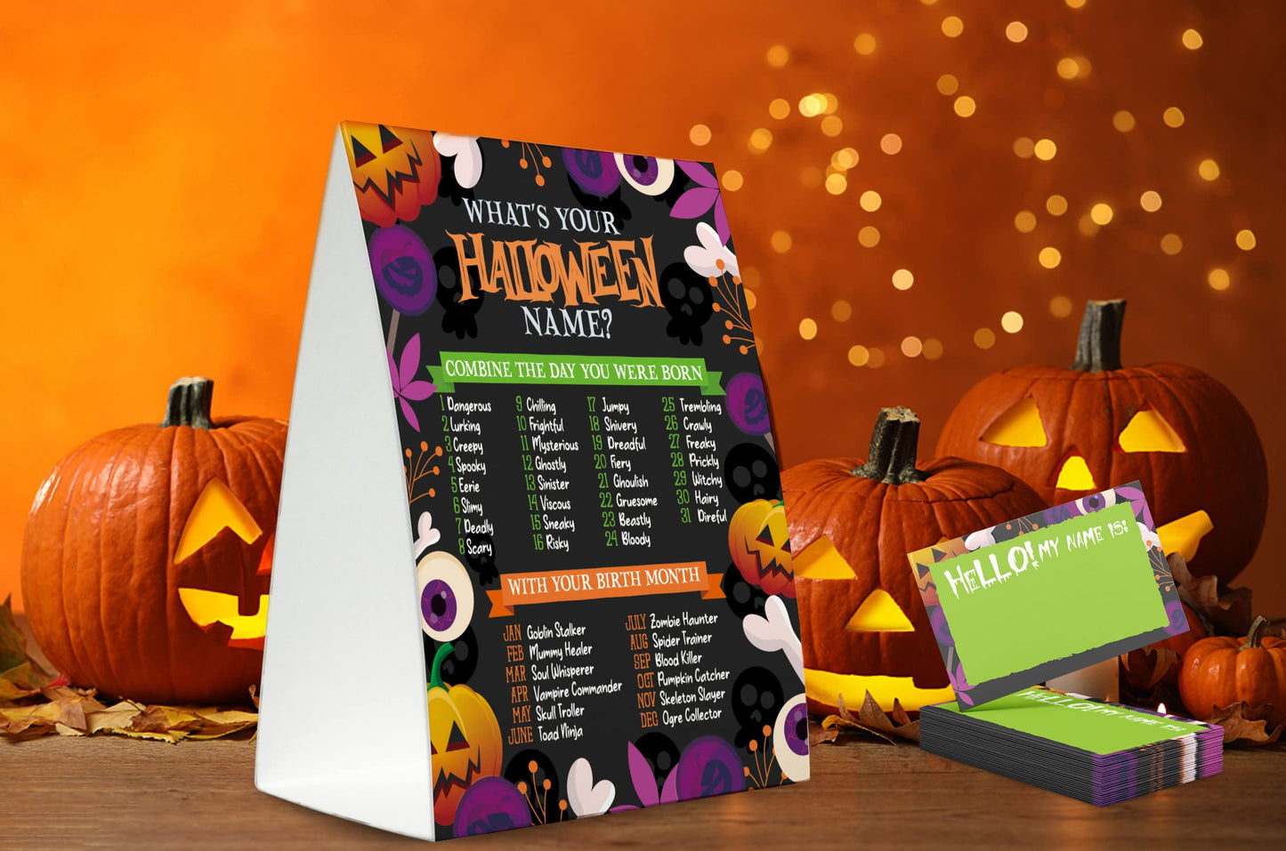 What's Your Halloween Name Game (1 Standing Sign + 50 Name Sticker Cards), Halloween Birthday Party Decorations, Halloween Party Game, Halloween Sign - MGJ10