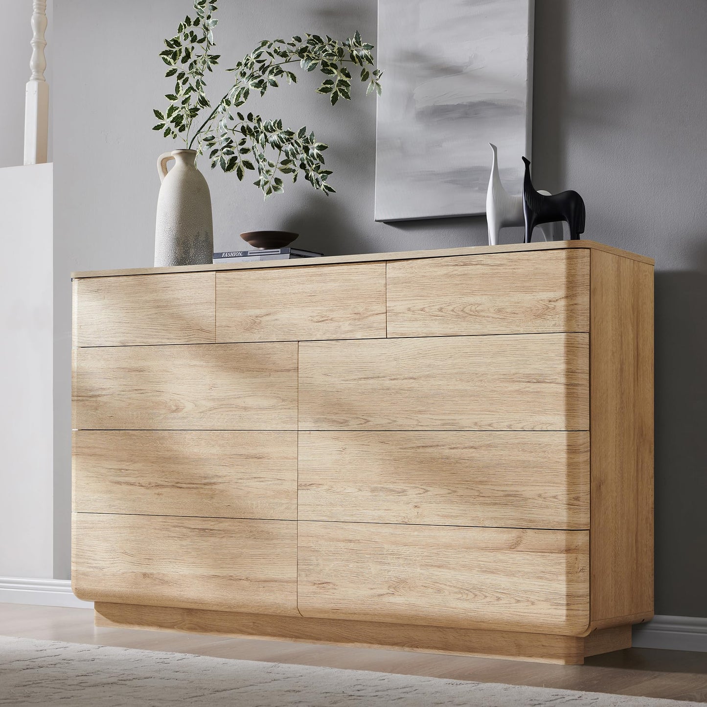 ACCOHOHO Modern 9 Drawer Dresser for Bedroom, Farmhouse 52" Wide Dresser TV Stand with Large Drawers, Natural Texture, Curved Angle for Room, Hallway and Entryway, Nutural Oak