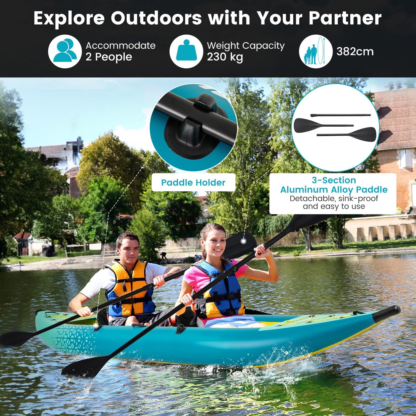 GYMAX Inflatable Kayak, 12.5Ft 507lbs Tandem Kayak with 2 Aluminum Paddles, 2 Padded Seats, 2 Fins, Hand Pump, Carry Bag & Repair Kit, 2 Person Fishing Touring Kayak for Adults Youth (Green)