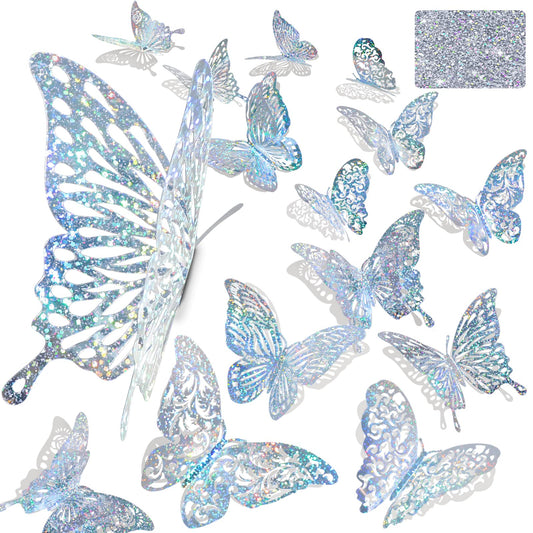 60 Pcs 3D Sequined Silver Butterfly Wall Decor, 5 Styles 3 Sizes,Butterfly Cake Birthday Party Baby Shower Decorations Iridescent,Metallic Room Mural Wall Stickers (Sequined Silver)