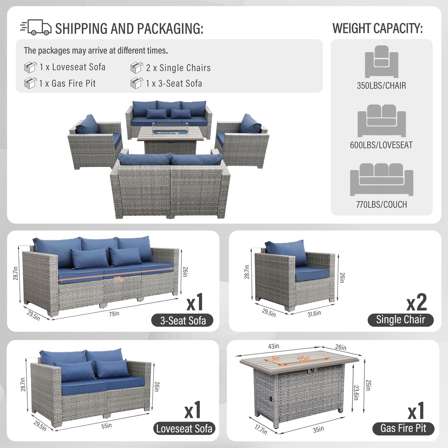 WAROOM Patio Furniture Set 5 Piece Grey Wicker Outdoor Furniture with Fire Pit Table, Patio Sectional Sofa Couch Sets Backyard Deep Seating PE Rattan Chairs, Navy Blue Cushion