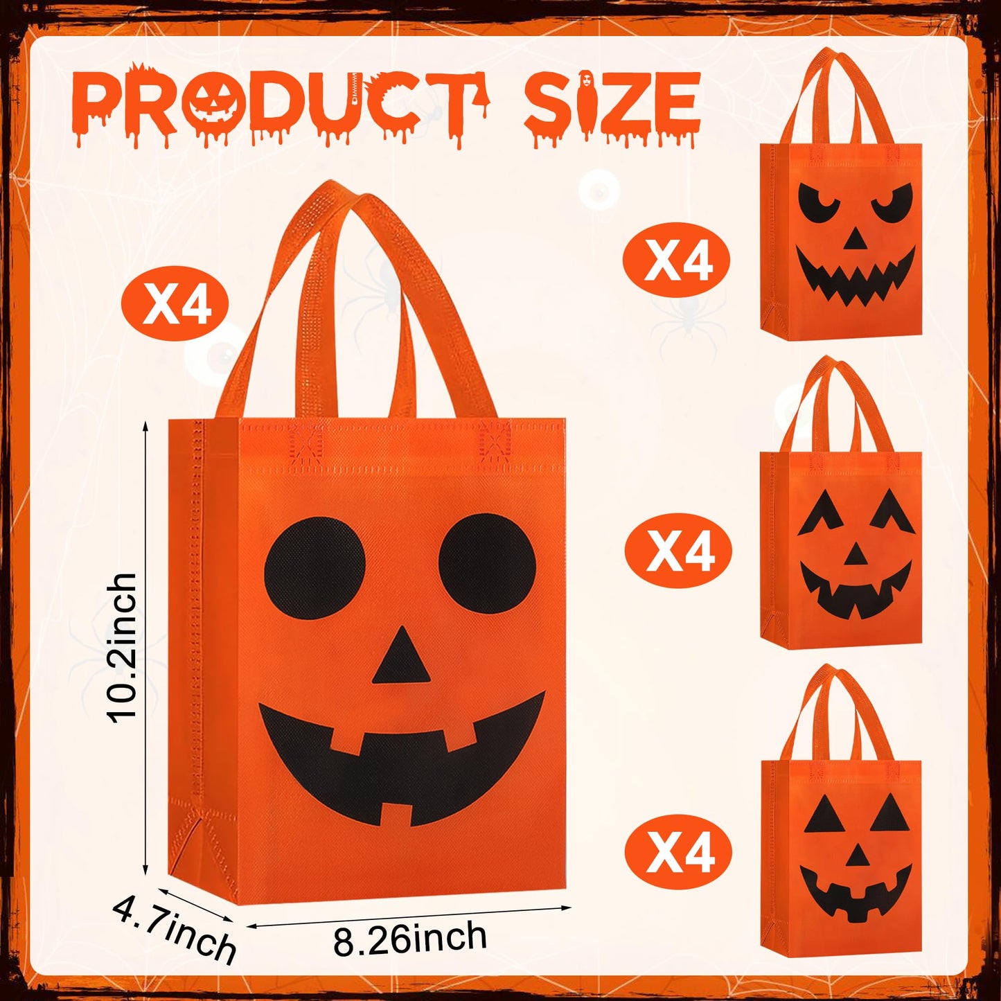 16 PCS Halloween Trick or Treat Bags 10.2 x 8.26 Inch Non-Woven Pumpkin Candy Tote Bag with Handles Reusable Pumpkin Candy Goodie Bags Halloween Party Gift Bag for Halloweens Party Gifts Wrapping Supplies