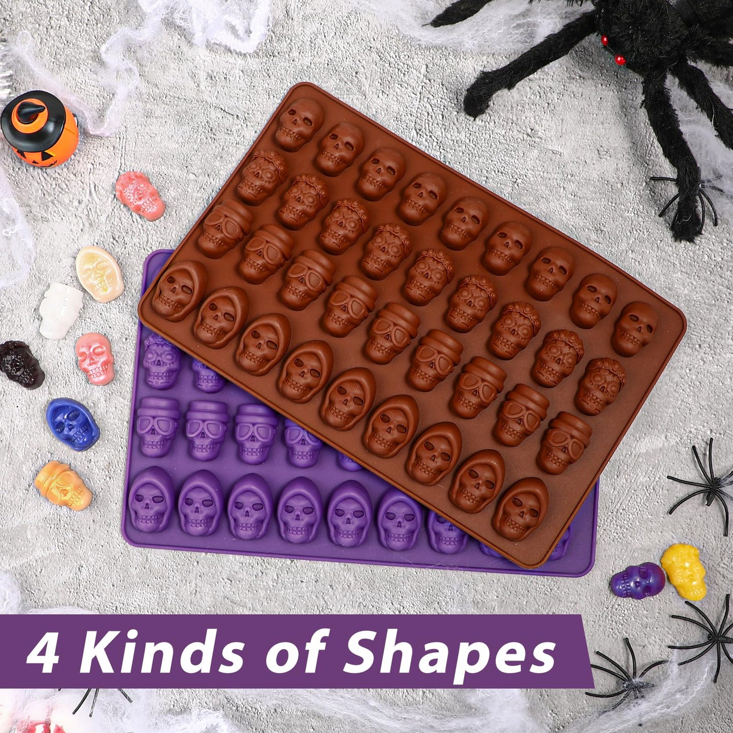 Webake Mini Skull Candy Mold with 4 Different Shapes, 36-Cavity Halloween Skull Silicone Chocolate Candy Mold for Gummy, Chocolate, Candy, Jello, Cupcake Decoration（2PCS）