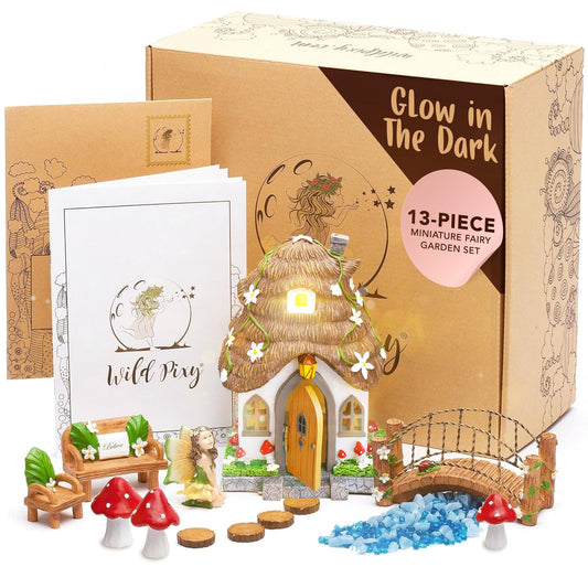 WILD PIXY Fairy Garden Kit - 13 Piece Glow in The Dark Fairy Garden Accessories, 7.1"" Outdoor Fairy House with Opening Door and Solar LED Light, Garden Door for Trees, Stones, Indoor/Outdoor Décor