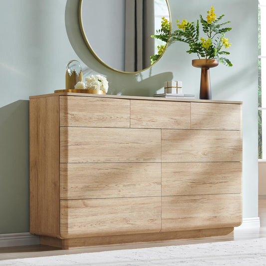 ACCOHOHO Modern 9 Drawer Dresser for Bedroom, Farmhouse 52" Wide Dresser TV Stand with Large Drawers, Natural Texture, Curved Angle for Room, Hallway and Entryway, Nutural Oak