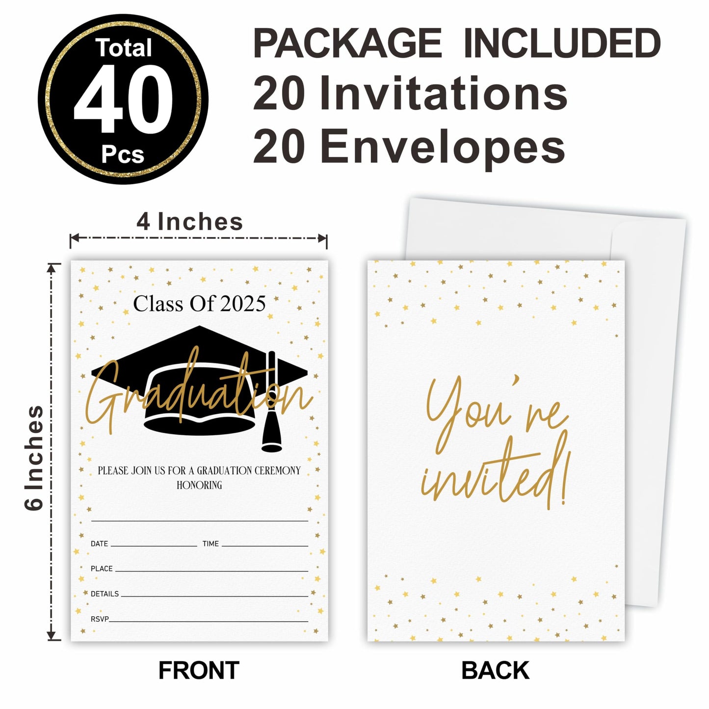 2025 Graduation Party Invitations - Class of 2025-20 Graduation Invitations with Envelopes, Shining Star Fill-In Invitation Cards for High School College Graduation Party Celebration Supplies - A08