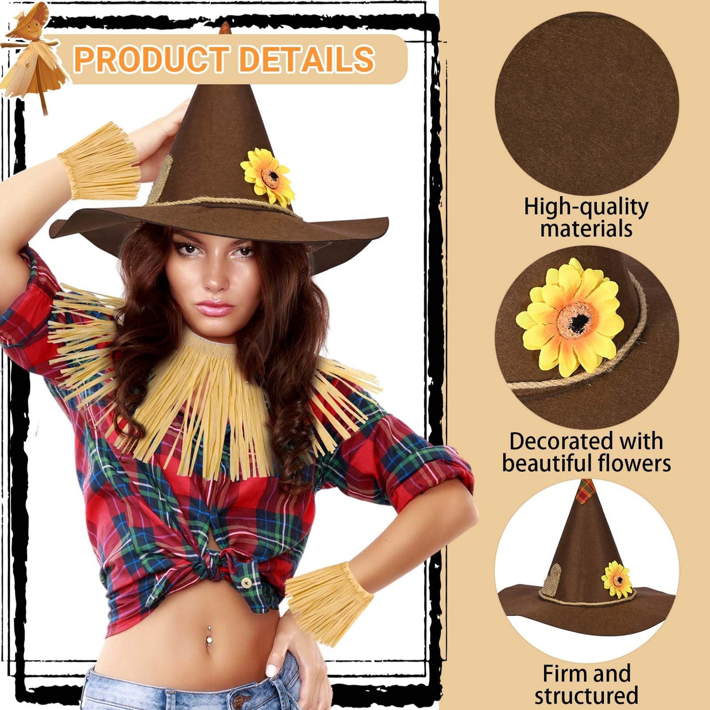 7 Pcs Scarecrow Costume Set Halloween Costume Scarecrow Belt Hat Rope Straw Kit for Oktoberfest Halloween Dress Up (Style 1)