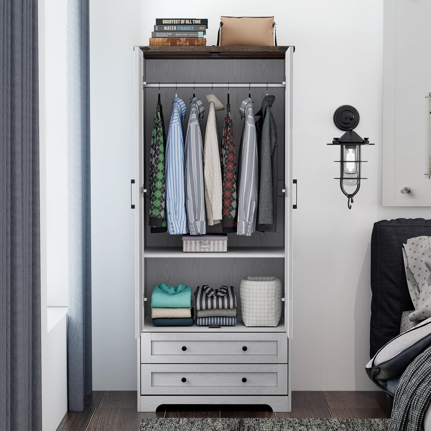 Yechen 71" Wooden Armoire Wardrobe Closet - Modern Functional Clothes Tall Storage Cabinet with Adjustable Shelf and Hanging Rail, Sturdy Freestanding Closet Wardrobe with 2 Wide Drawers for Bedroom