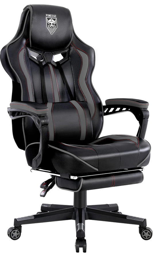 Vonesse Gaming Chair, Computer Office Chair with Footrest,Reclining Gaming Chairs for Adults, Big and Tall Ergonomic Gaming Chair with Lumbar Support (Gray/Black)