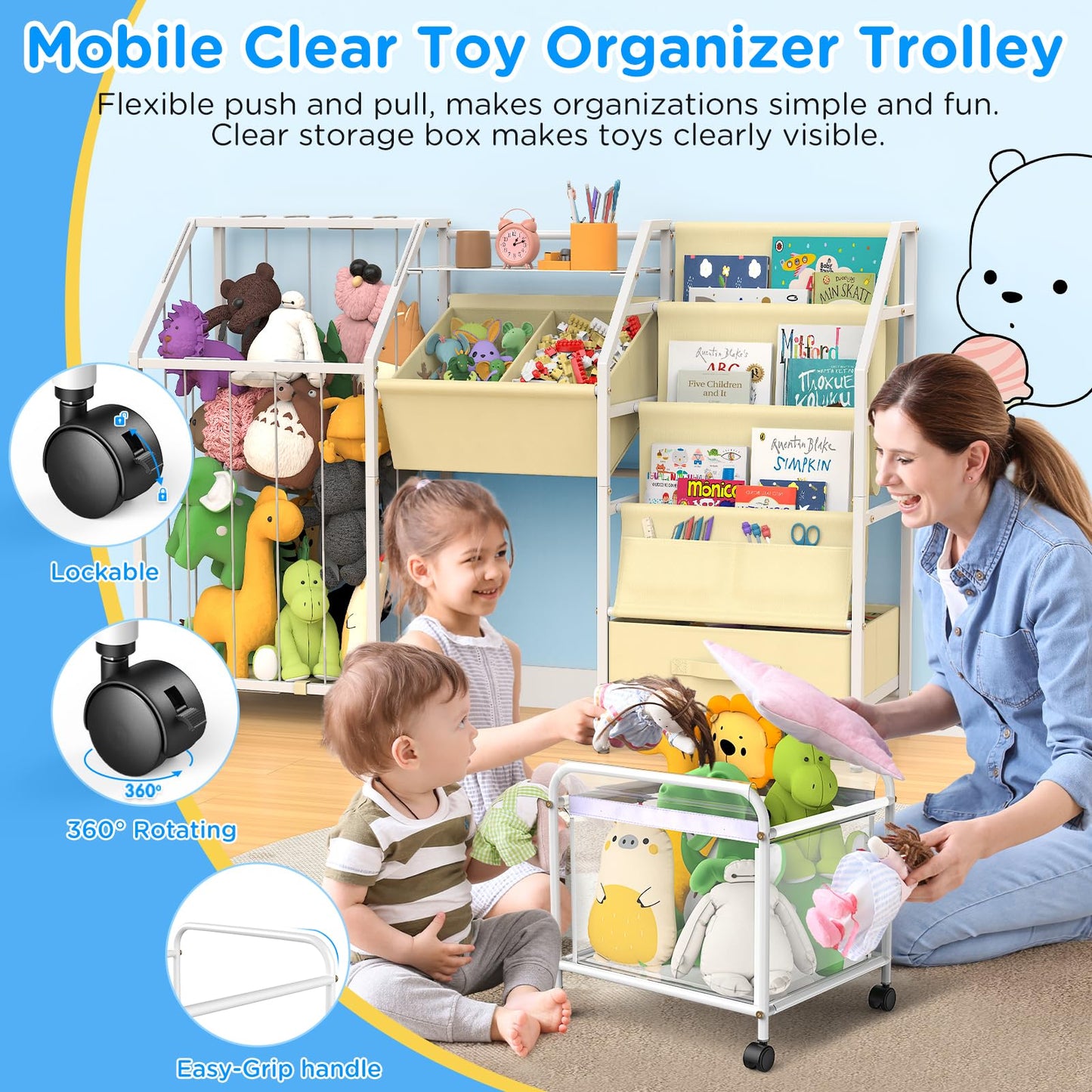 VORTULIUK Kids Bookshelf and Toy Storage, 3 Tier Sling Montessori Bookcase with Toy Organizer & Stuffed Animal Storage, Children Baby Toddler Book Shelf for Kids Rooms Nursery Bedroom Playroom, White