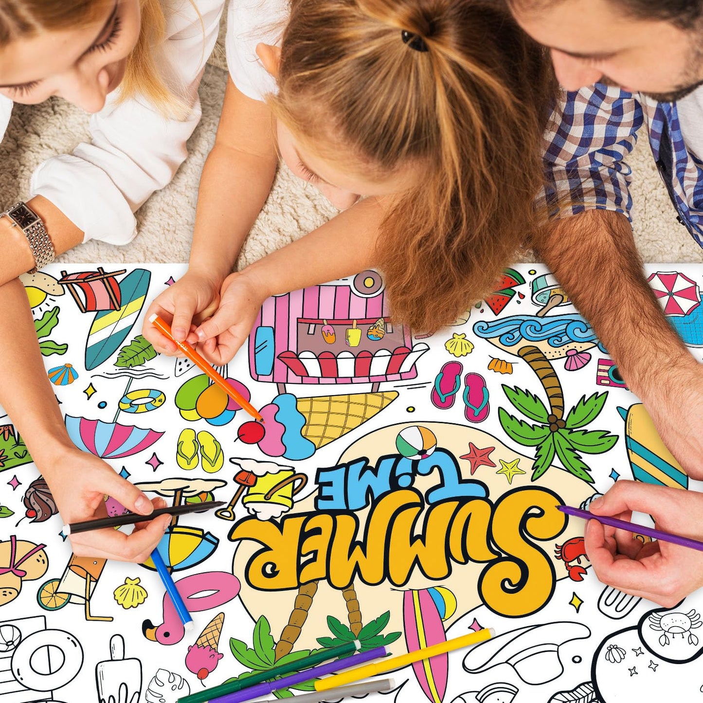 43.3x31.5" Summer Coloring Poster with Picture, Giant Summer Time Painting Poster, Large Coloring Tablecloth for Classroom Home Birthday Party Supplies Favor