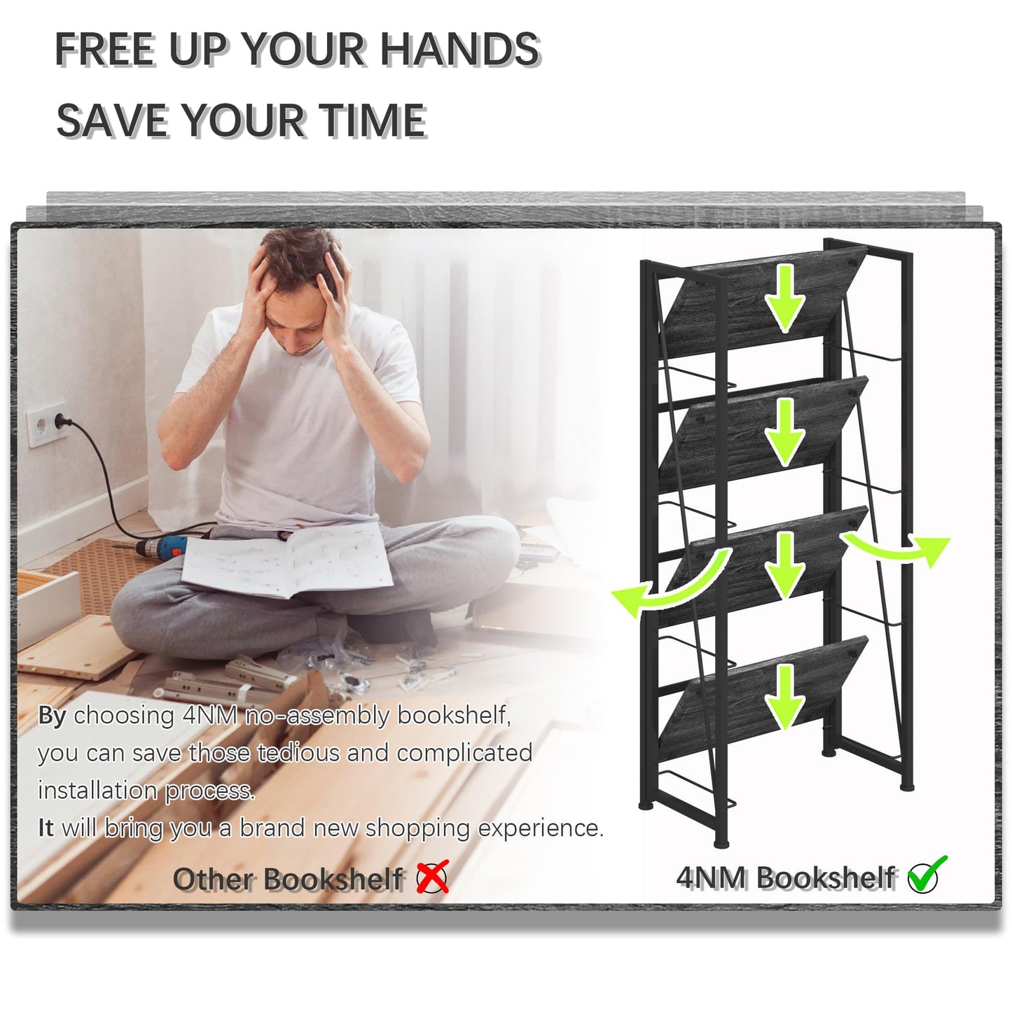 4NM No-Assembly Folding Bookshelf Storage Shelves 4 Tiers Vintage Bookcase Standing Racks Study Organizer Home Office (Gray Black)