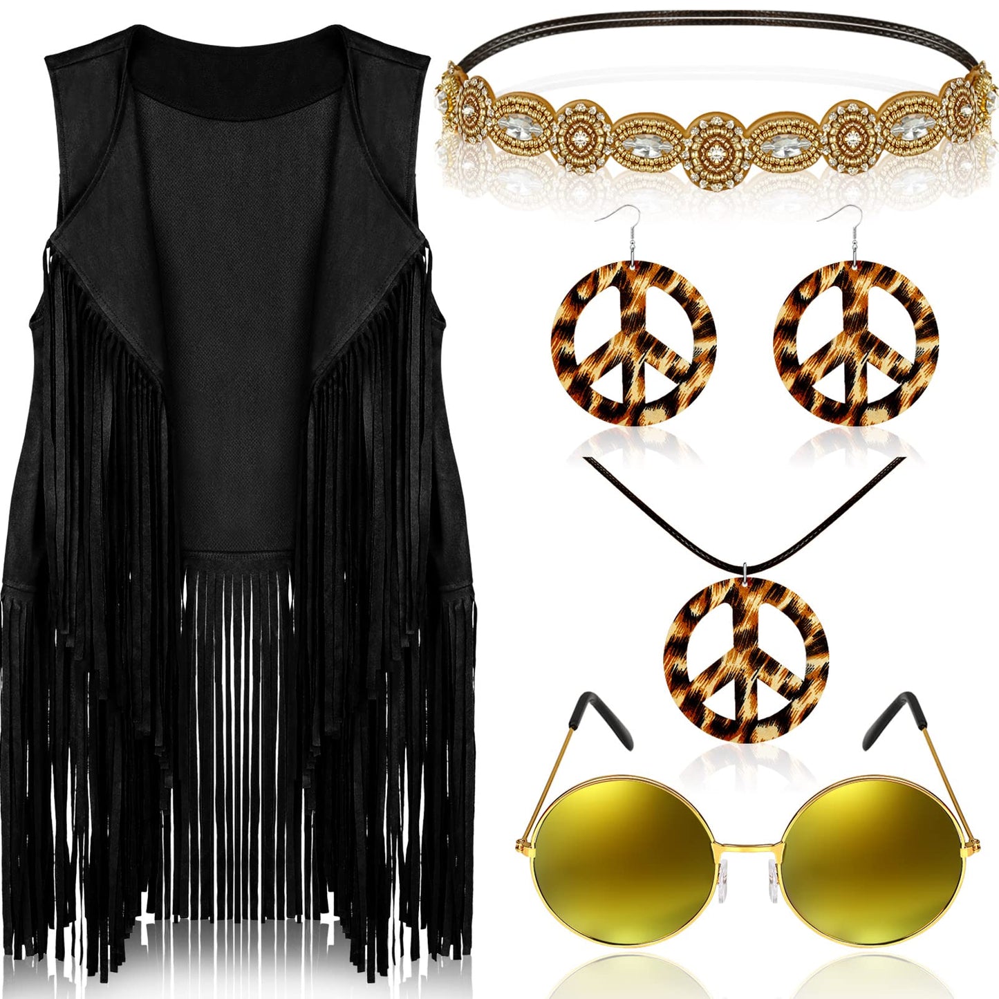 6 Pcs 60s 70s Outfits for Women Hippie Costume Set Peace Sign Earring Headband Fringe Vest Tassel Cardigan (Black,X-Large)