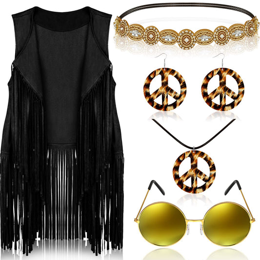 6 Pcs 60s 70s Outfits for Women Hippie Costume Set Peace Sign Earring Headband Fringe Vest Tassel Cardigan (Black,X-Large)