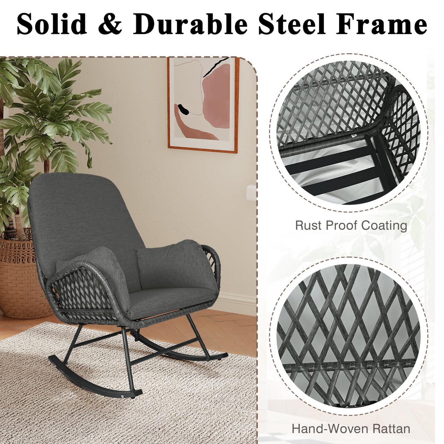 YDcosyfy Outdoor Wicker Rocking Chair with Ottoman, Patio Rocker Chair with Cushions, Steel Frame Support, All-Weather Furniture, for Porch, Balcony, Indoor