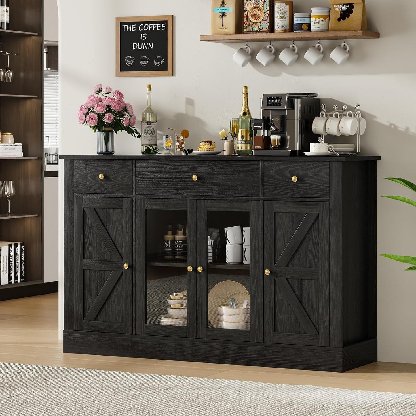 4 EVER WINNER Black Buffet Cabinet with Storage, 55" Coffee Bar Cainets with 3 Drawers and Glass Doors, Sideboard Buffet Cabinet for Kitchen, Living Room