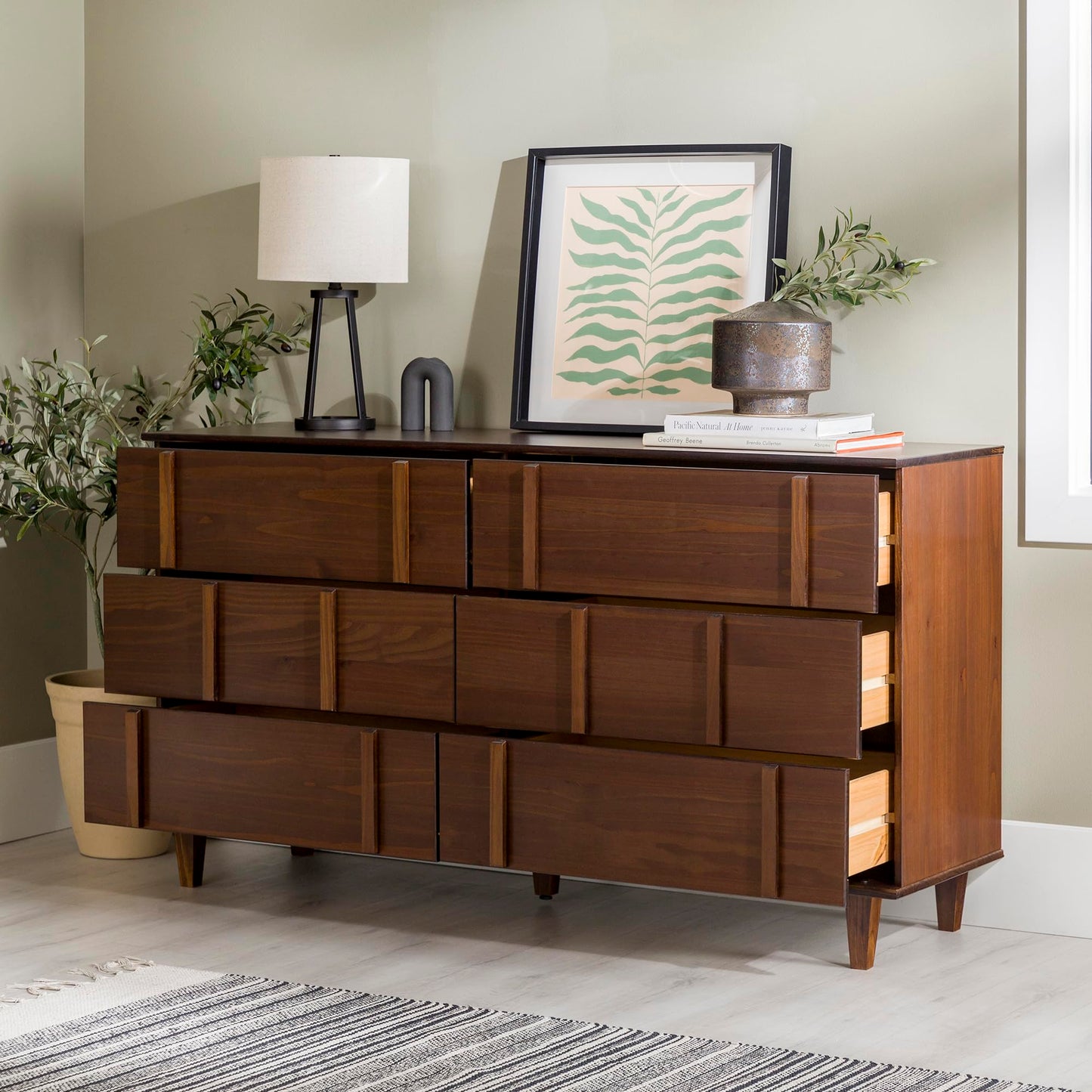 Walker Edison Contemporary Detailed 6-Drawer Solid Wood Dresser, 60 Inch, Walnut