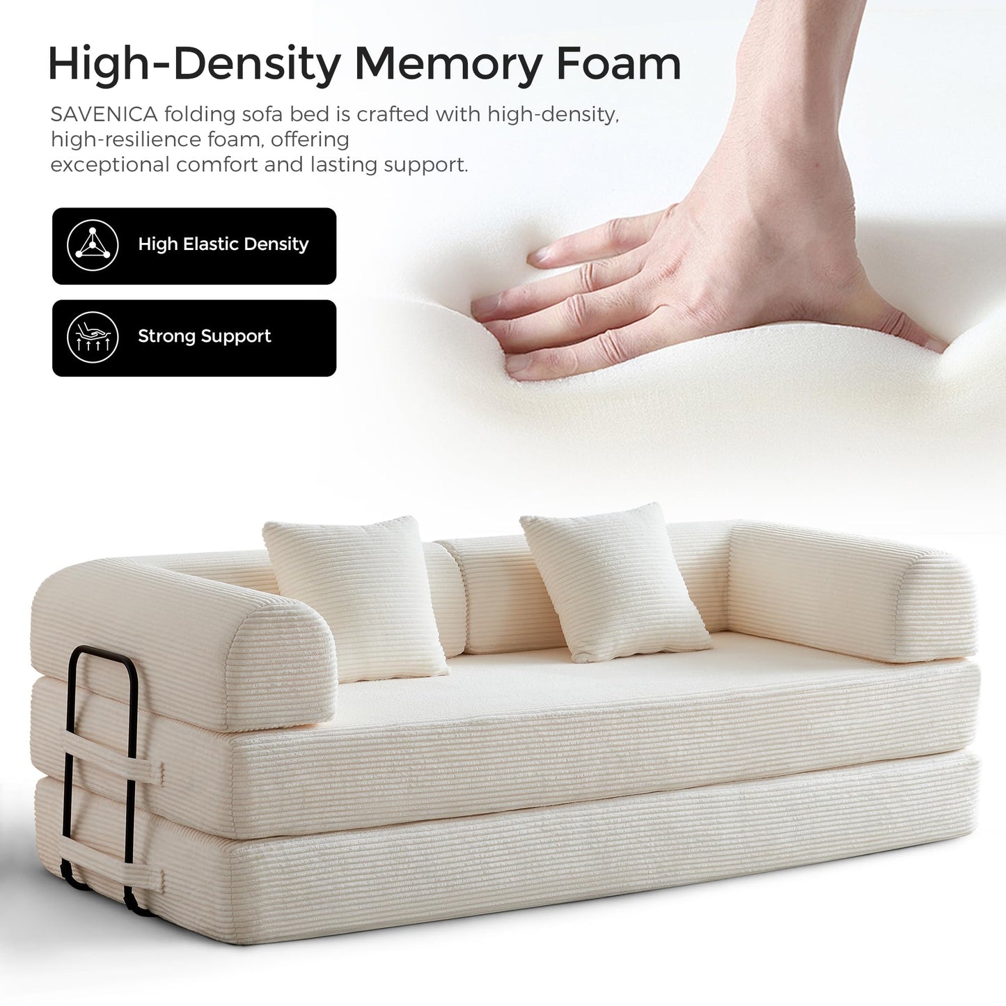 79" Convertible Sofa Bed with Fixed-Shape Frame & Removable Armrests, Modular Corduroy Sleeper Sofa, Folding Mattress Couch for Small Spaces - No Assembly Needed in White (Includes 2 Pillows)