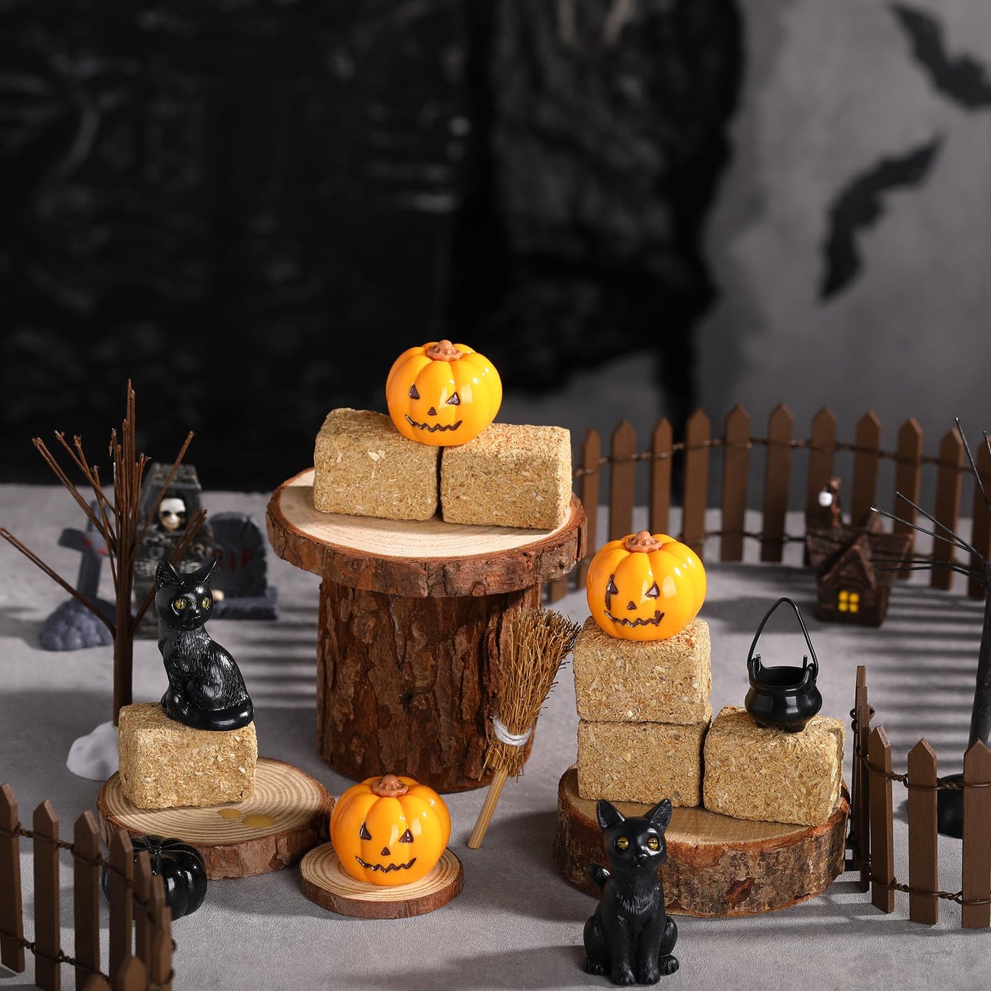 Wesiti 14 Pcs Halloween Village Accessories Set Halloween Miniature Figurines Included Pumpkins, Black Cat, Hay Bales, Witch Pot, Broom and Fence for Hallowmas Dollhouse Tabletop Party Decor