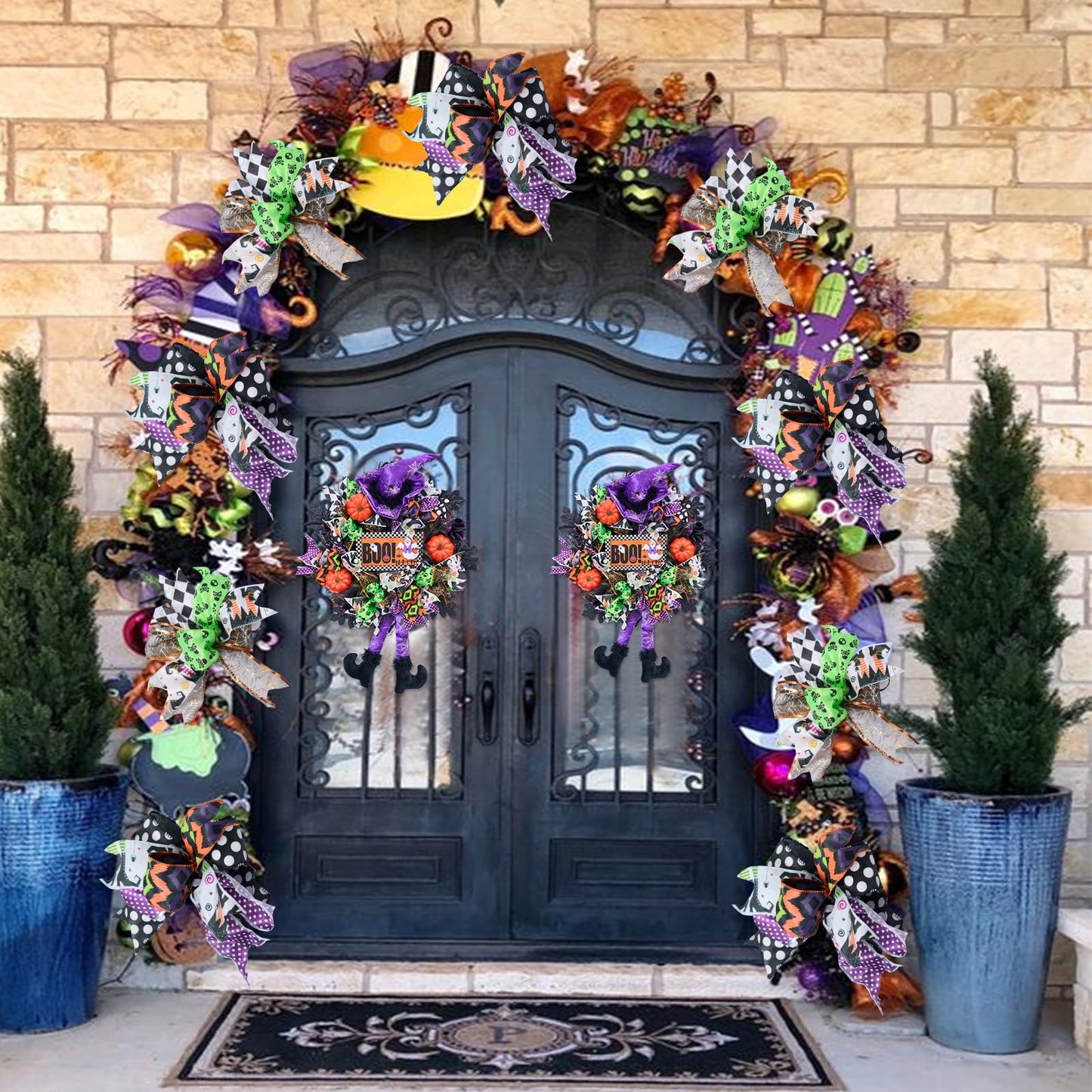 Vofuly Wreath for Front Door,20inch mesh Wreath,Pumkin & Witch Wreath with Legs,Fun Porch Decor,Decoration,Whimsical Halloween,Purple Green Orange (V23HL001)