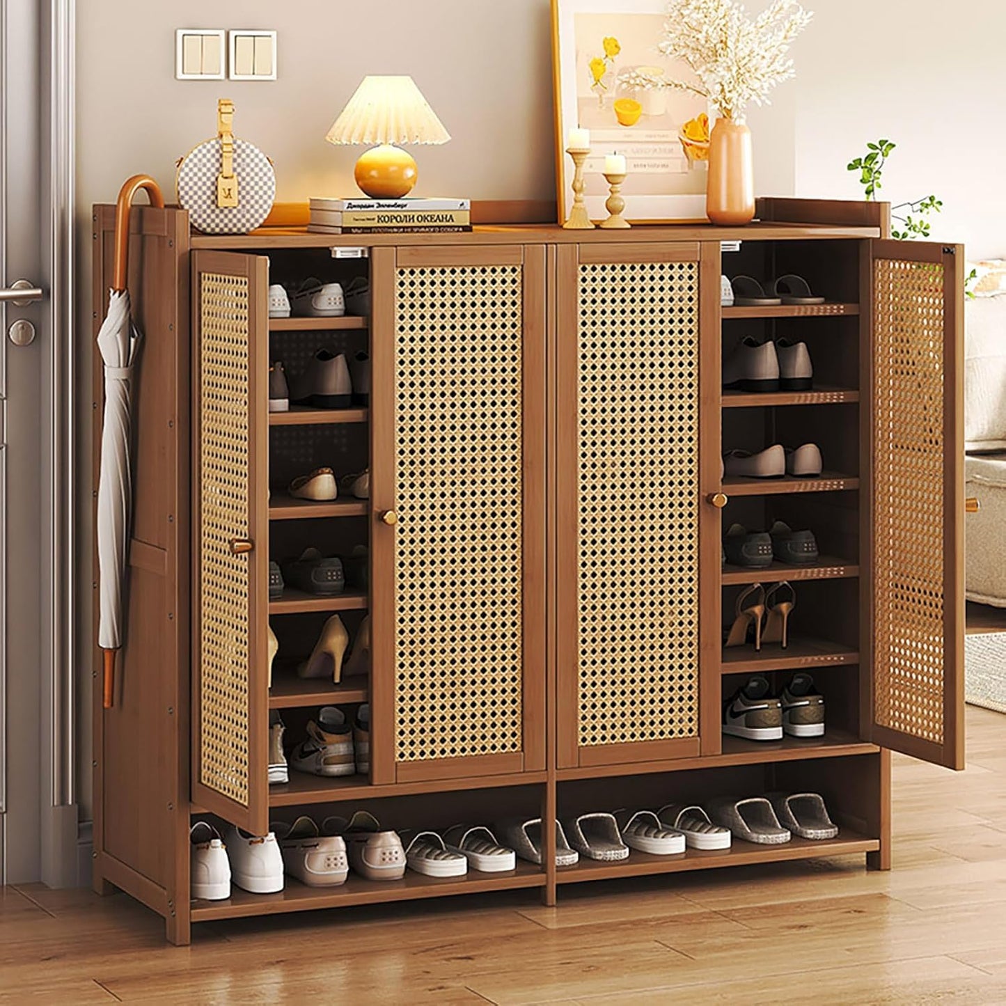 8 Tier Bamboo Shoe Cabinet, Shoe Storage Cabinet with Doors, 40 Pairs Shoe Organizer with Shelves, Freestanding Shoe Rack for Entryway, Hallway, Closet Living Room (Brown-)