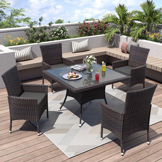 ALAULM 5 Piece Patio Dining Set All-Weather Wicker Outdoor Patio Furniture Set w/Tempered Glass Tabletop, Removable Cushions and Umbrella Hole for Patio, Backyard, Garden, Poolside（Grey）