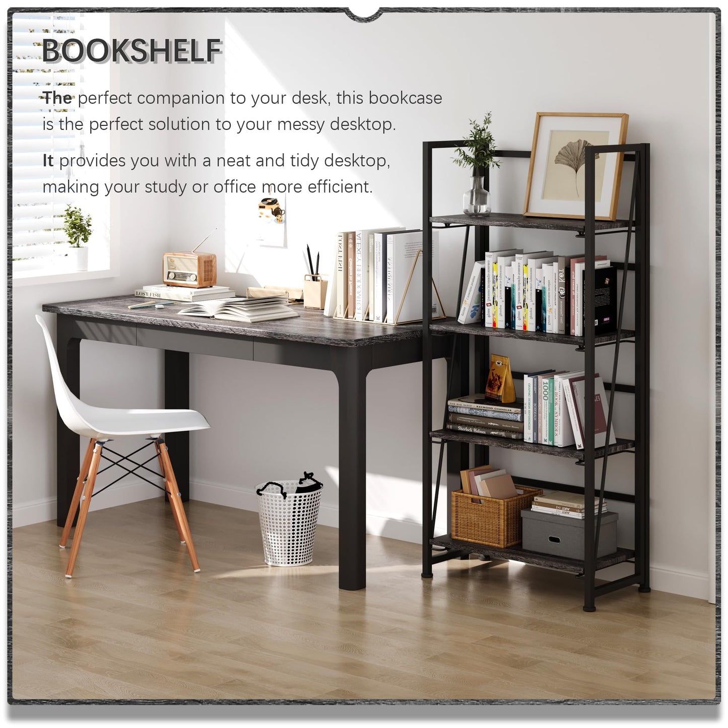 4NM No-Assembly Folding Bookshelf Storage Shelves 4 Tiers Vintage Bookcase Standing Racks Study Organizer Home Office (Gray Black)