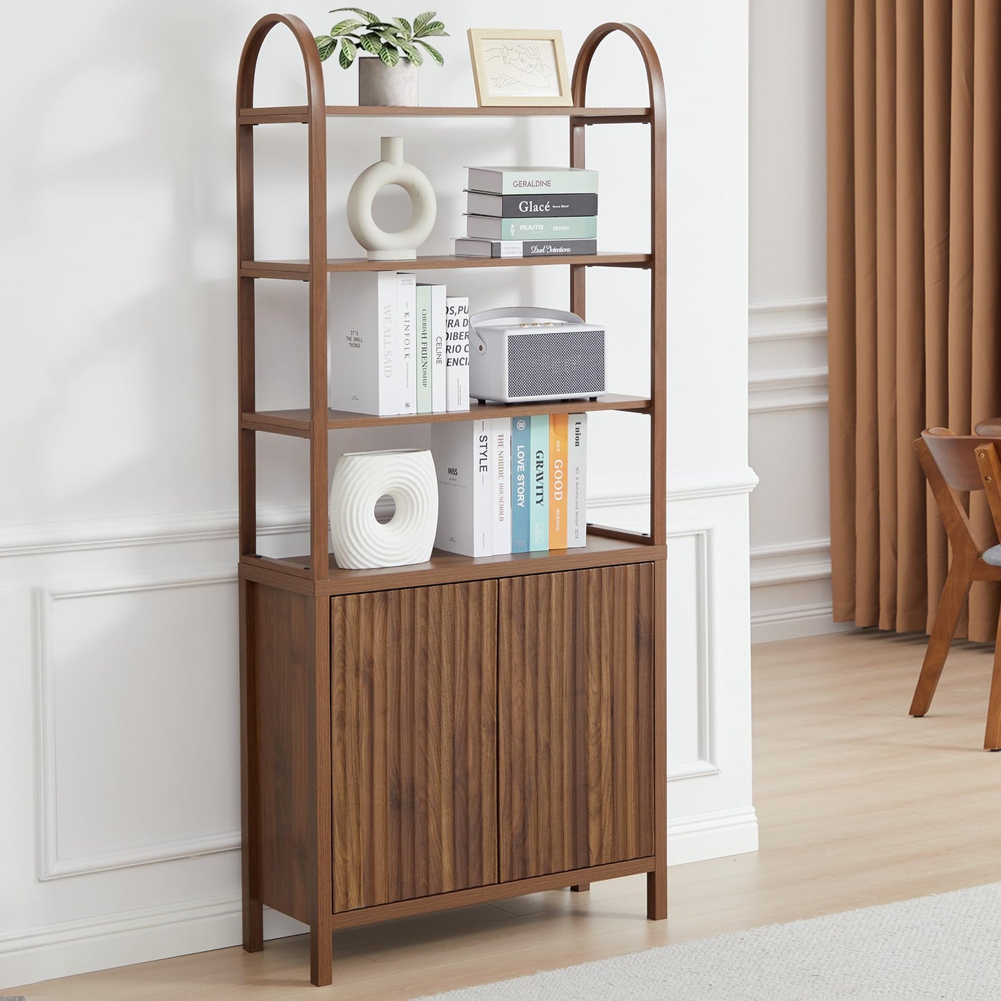71” Tall Arched Bookshelf Storage with Fluted Doors, Mid Century Modern 6 Tier Bookshelves, Freestanding Bookcase Cabinet with Open Display Storage Shelf for Living Room Home Office Bedroom, Walnut
