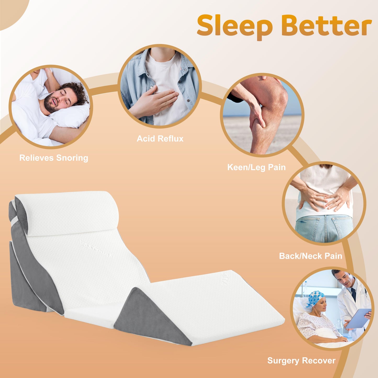 A2ZCOMFY 5PCS Orthopedic Bed Wedge Pillow Set for After Surgery, Memory Foam for Sleeping, Rotator Cuff Post Surgery, Sit Up Pillow for Shoulder and Back Support