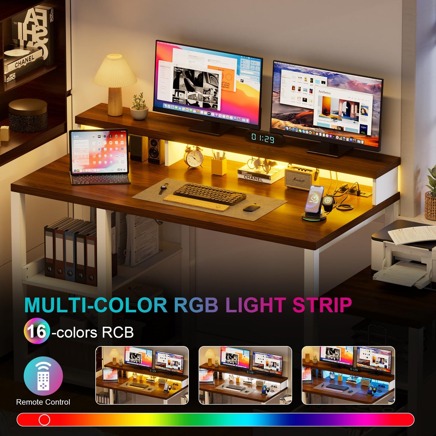 61.2 '' Computer Desk with Drawer & Power Outlets, Farmhouse Ergonomic Office Desks with Long Monitor Stand,Wood Computer Table with Printer Space, Home Office Desk with LED Strip for Work,White