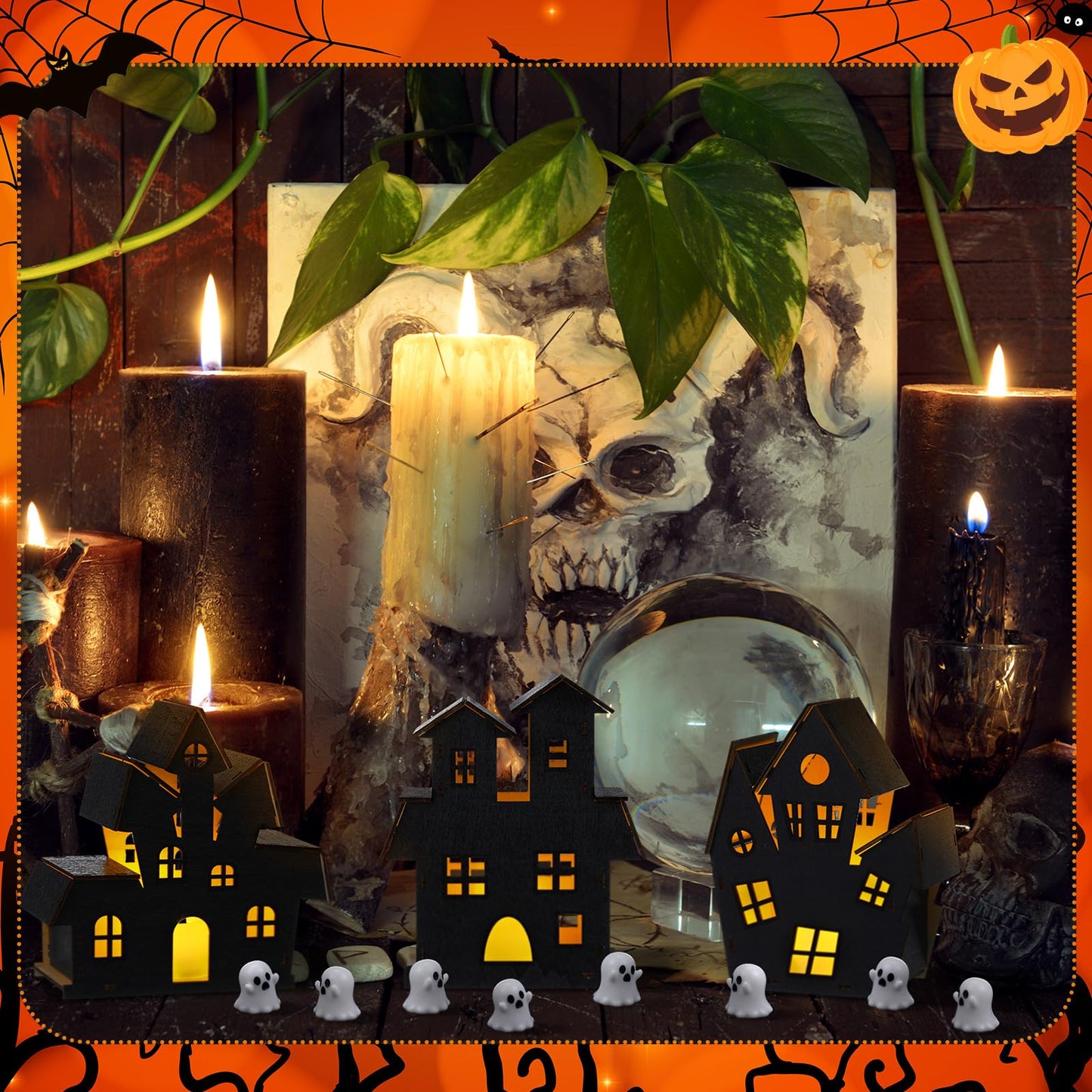 Wonderjune 13 Pcs 3D Ghost Halloween Village Haunted House DIY Kit 3 Large Wooden Castle House 10 Ghost Figurines Crafts Kit for Indoor Outdoor Halloween Party Decor Supplies