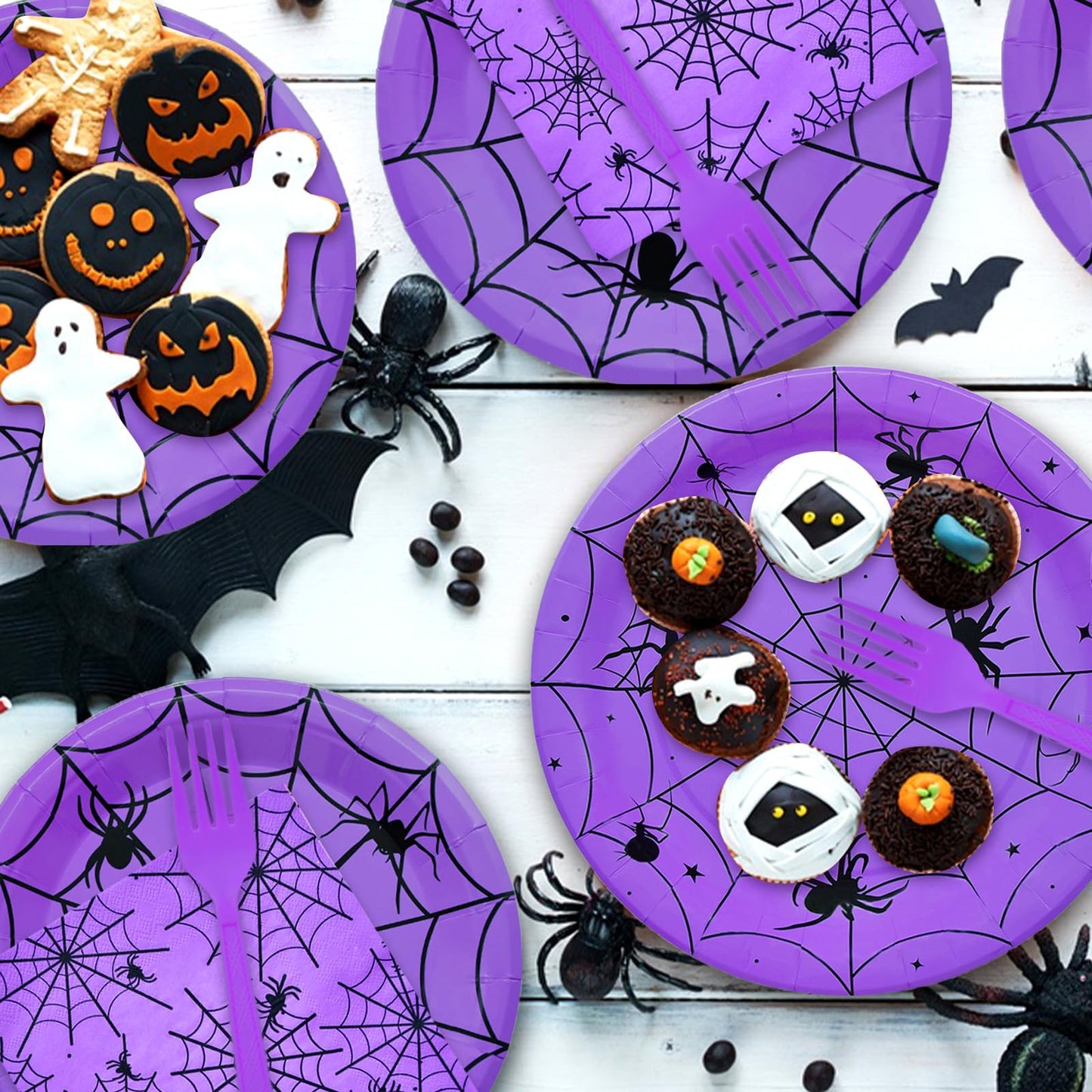 96 Pieces Halloween Spider Web Tableware Party Supplies - Disposable Dinnerware Set with Paper Plates, Napkins, and Forks for Spooky Halloween Party Supplies, Birthday Decorations - Serves 24 (Purple)