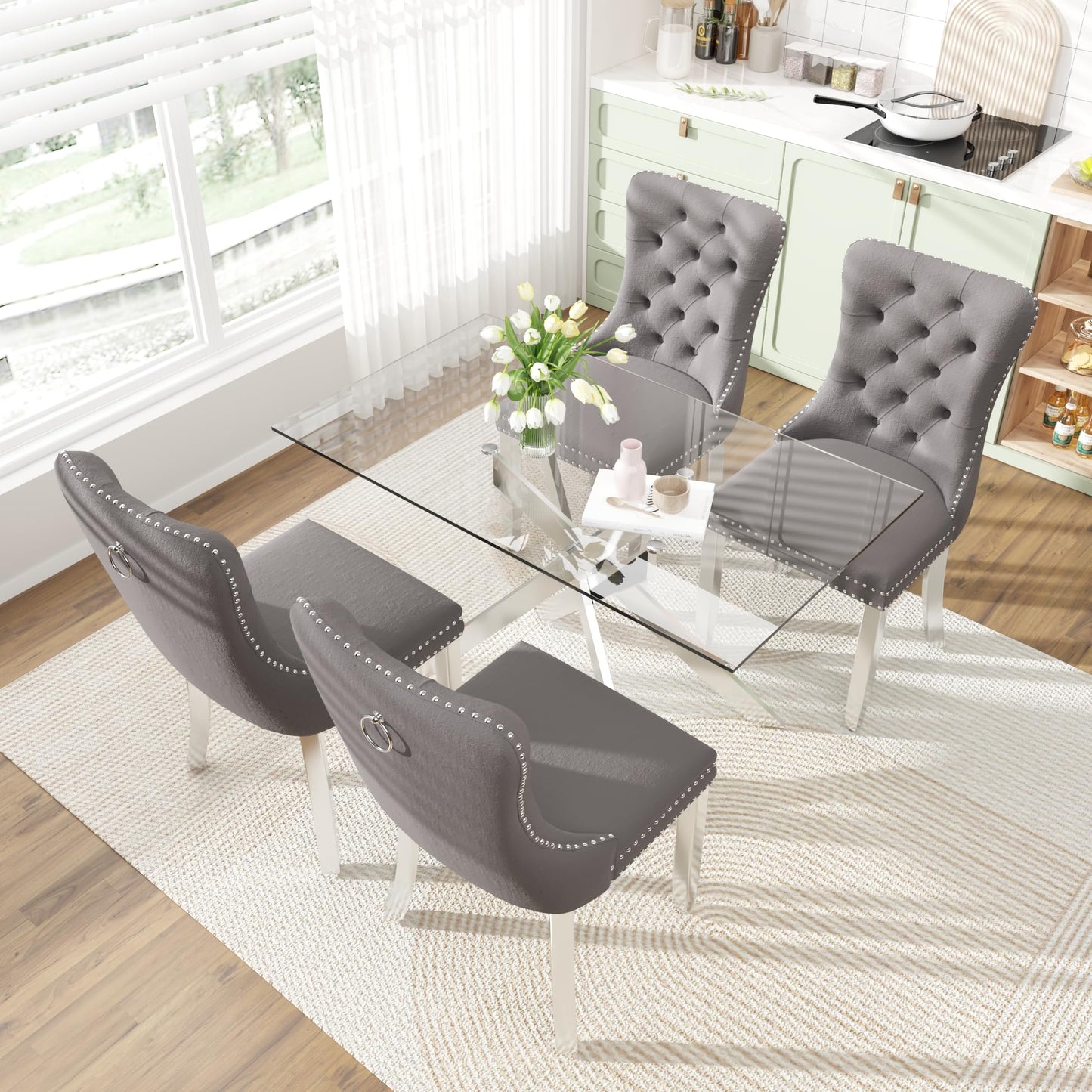 XUNGSUN 51 Inch Glass Dining Table Set for 4, Rectangular Glass Kitchen Table with 4 Upholstered Velvet Accent Chairs, 5 Piece Modern Dining Room Set, for Home, Apartment, Small Spaces - Grey Silver