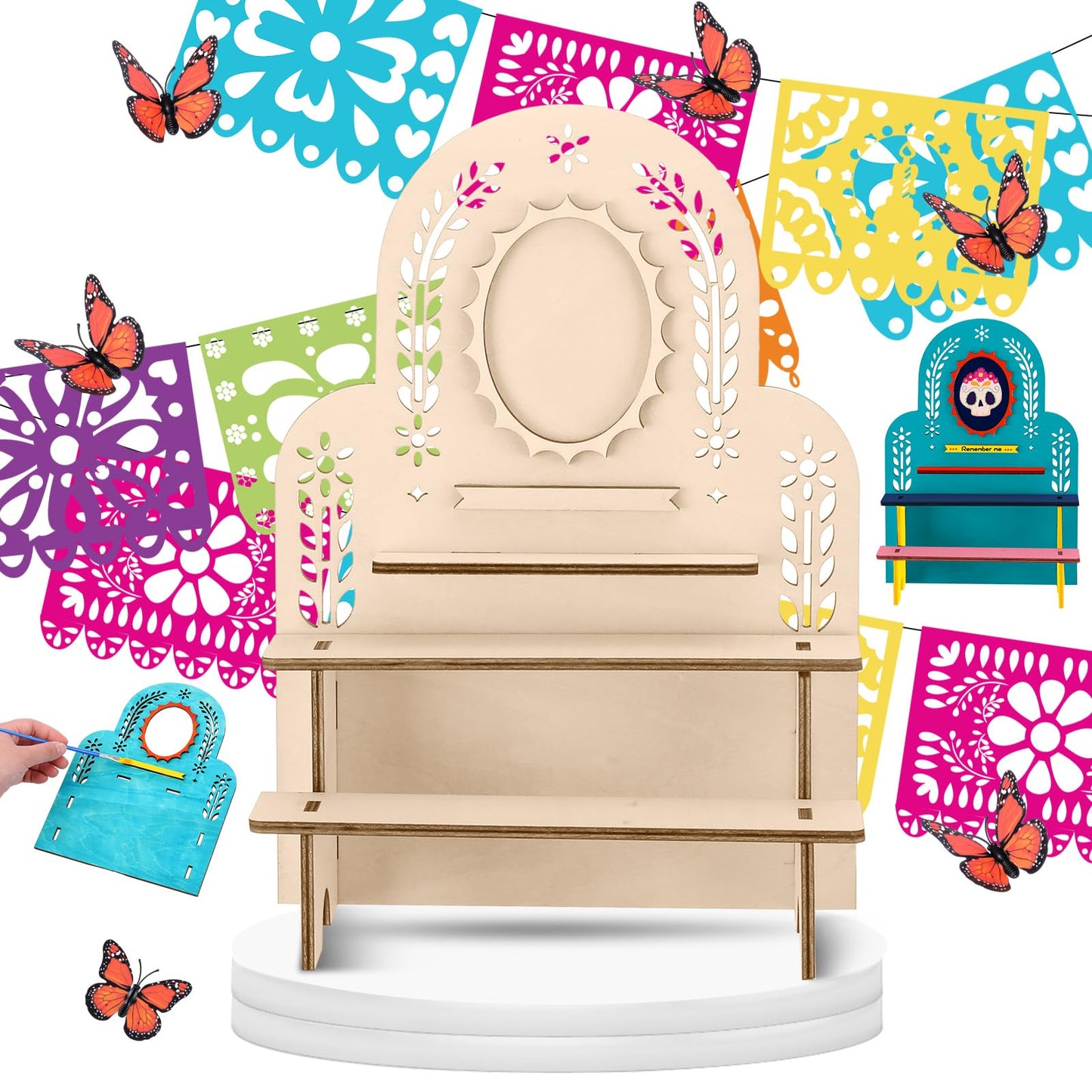 Weysat Dia De Los Muertos Altar Ofrenda Mini Wooden Papel Picado Ofrenda Altar with Photo Frame Day of the Dead Remembrance Supplies Dia De Los Muertos Decorations