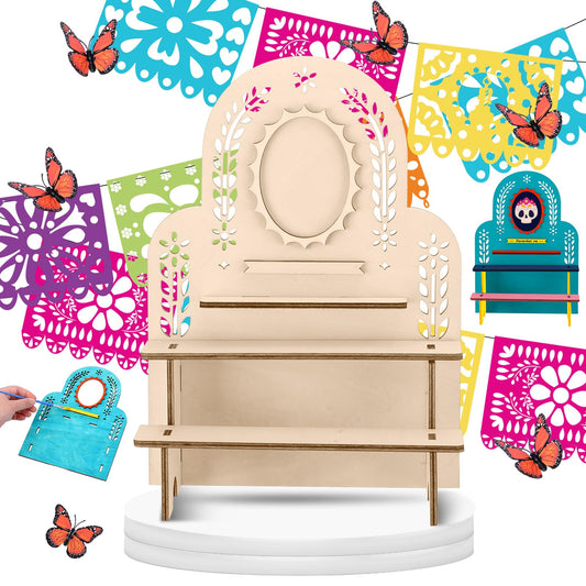 Weysat Dia De Los Muertos Altar Ofrenda Mini Wooden Papel Picado Ofrenda Altar with Photo Frame Day of the Dead Remembrance Supplies Dia De Los Muertos Decorations