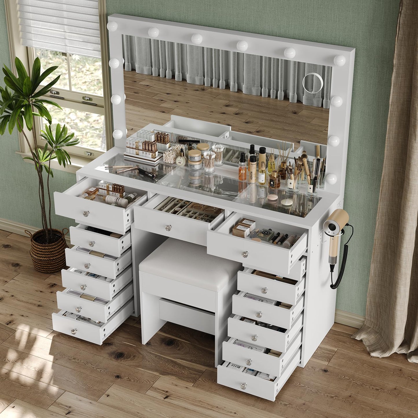 Yanosaku 15 Drawers Makeup Vanity with Charging Station, Vanity Desk with 12 LED Bulbs and HD Mirror, 3 Color Brightness Adjustable, Vanity Set for Bedroom, White