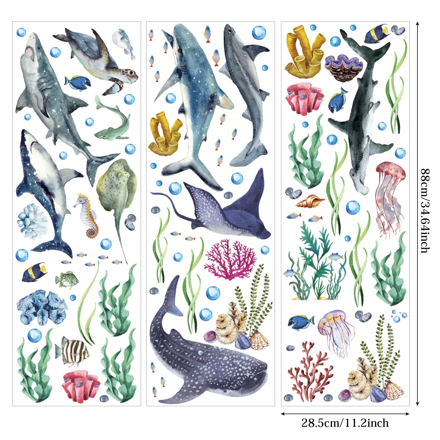 3 Pieces Large Watercolor Sharks Wall Decals Ocean Animal Peel and Stick Wall Sticker Under The Sea Marine Life Theme Decals Nursery Room Home Decor Party Supply, 11.2 x 34.6 Inches